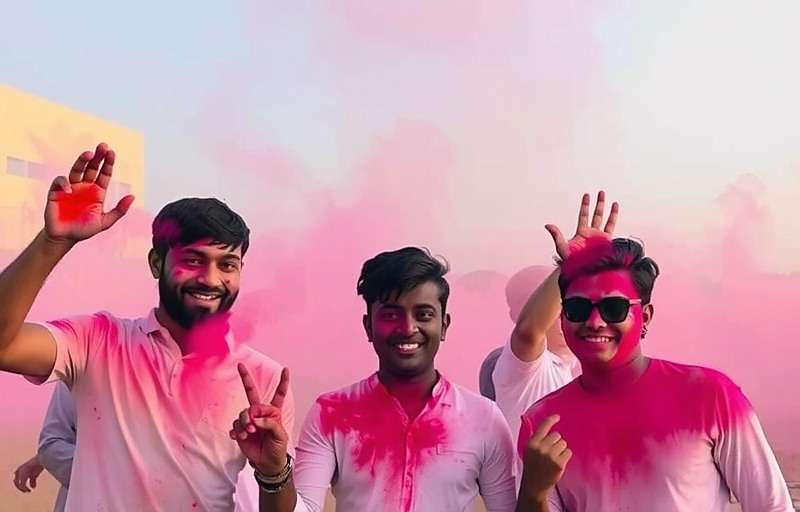 Calangute Champs Holi Celebration Calangute Champs Holi event showing players covered in colored powder celebrating a victory