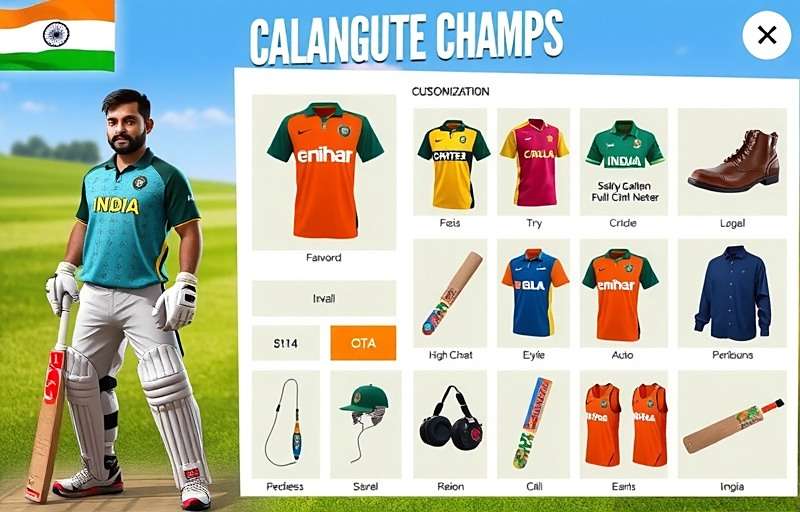 Calangute Champs Character Customization Calangute Champs character customization screen showing various cricket jerseys, equipment and accessories from different Indian regions
