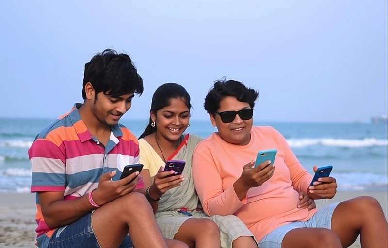 Calangute Champs Multiplayer Gameplay Indian friends playing Calangute Champs together on their mobile phones during a beach picnic