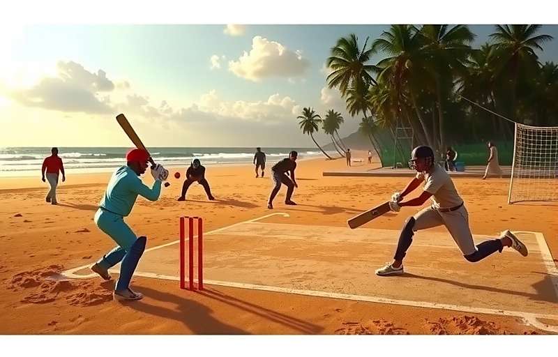 Calangute Champs Gameplay Screenshot Calangute Champs gameplay showing a tense cricket match on a sunny beach with players fielding and batsman ready to hit