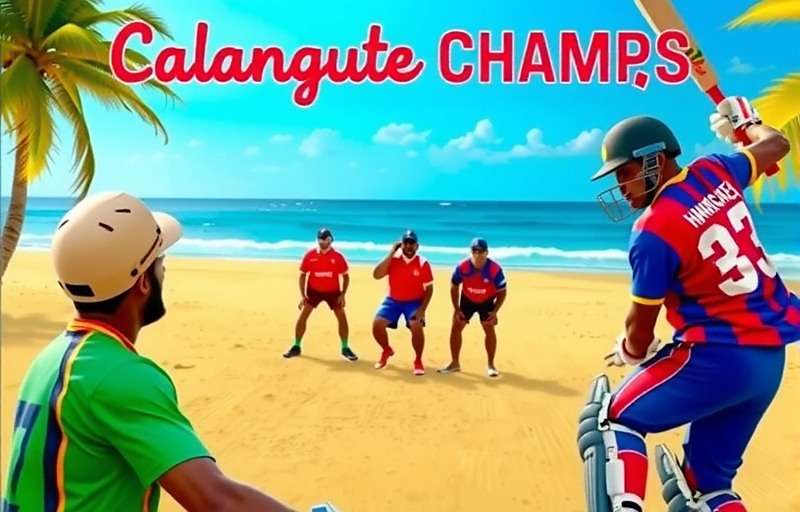 Calangute Champs Official Cover Calangute Champs game cover showing vibrant beach cricket match with players in colorful jerseys, palm trees and ocean in background